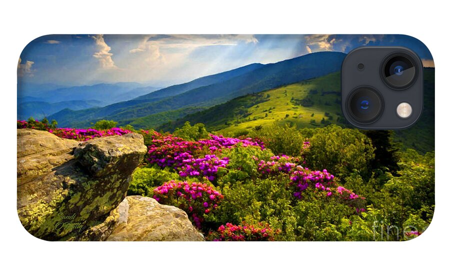 Blue Ridge Parkway iPhone 13 Case featuring the mixed media Blue Ridge Parkway Catawba Rhododendrons by Sandi OReilly