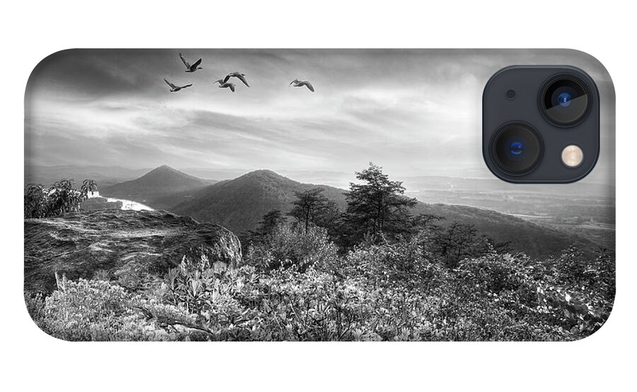 Birds iPhone 13 Case featuring the photograph Blue Ridge Smoky Mountains Overlook Sunset Black and White by Debra and Dave Vanderlaan