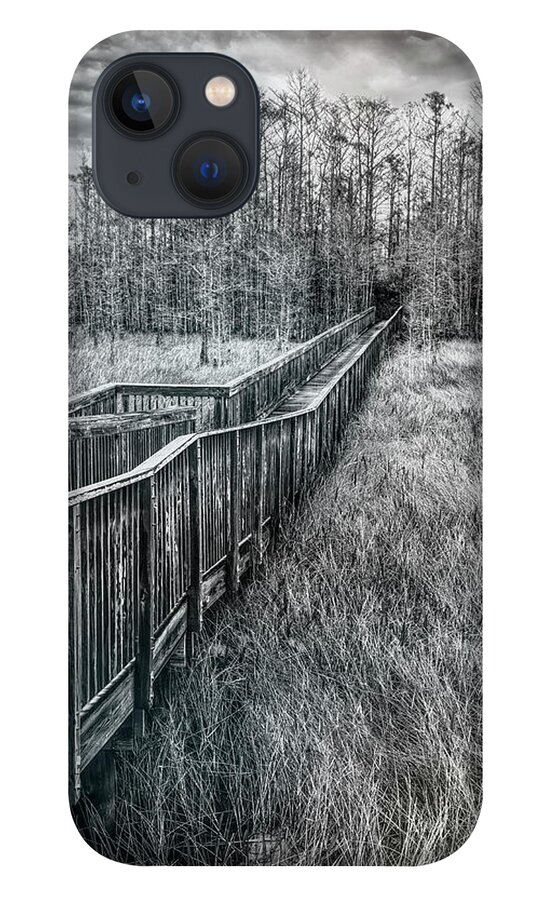 Clouds iPhone 13 Case featuring the photograph Boardwalk over the Marsh in Black and White by Debra and Dave Vanderlaan