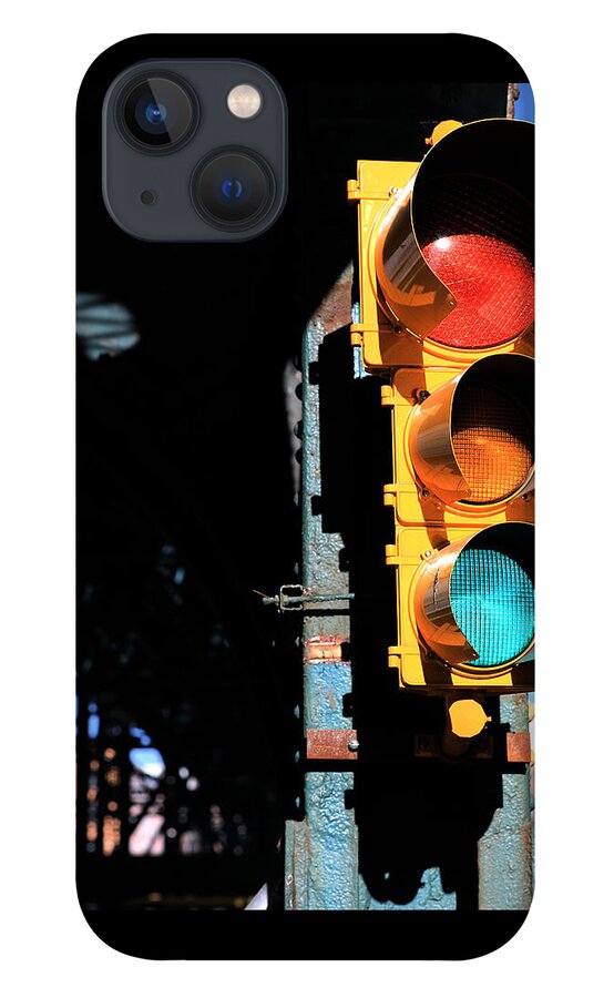 Traffic Signal iPhone 13 Case featuring the photograph Broadway Traffic Signal under Manhattan Valley 1 Train Viaduct by Steve Ember