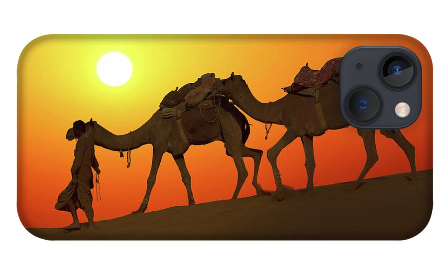 Camel iPhone 13 Case featuring the photograph Cameleerand Camels - Silhouette Against Sunset by Mikhail Kokhanchikov