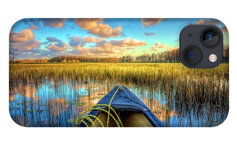Boats iPhone 13 Case featuring the photograph Canoeing on the River at Sunset by Debra and Dave Vanderlaan