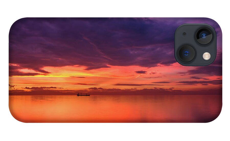 Sea iPhone 13 Case featuring the photograph Cargo Ship Silhouette in a Dramatic and Colorful Sunset by Alexios Ntounas