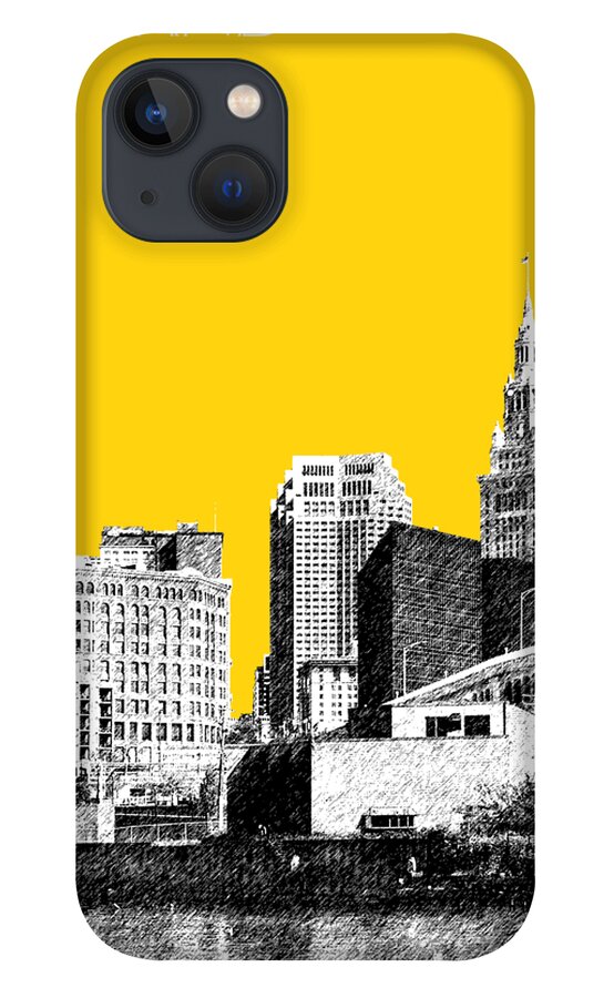 Architecture iPhone 13 Case featuring the digital art Cleveland Skyline 3 - Mustard by DB Artist