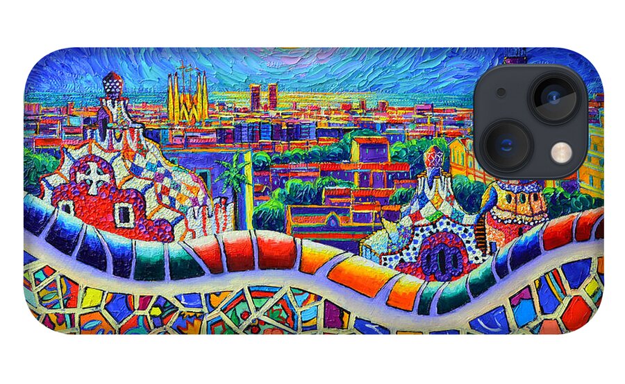 Barcelona iPhone 13 Case featuring the painting COLORFUL BARCELONA PARK GUELL MAGIC NIGHT BY MOON palette knife oil painting by Ana Maria Edulescu by Ana Maria Edulescu