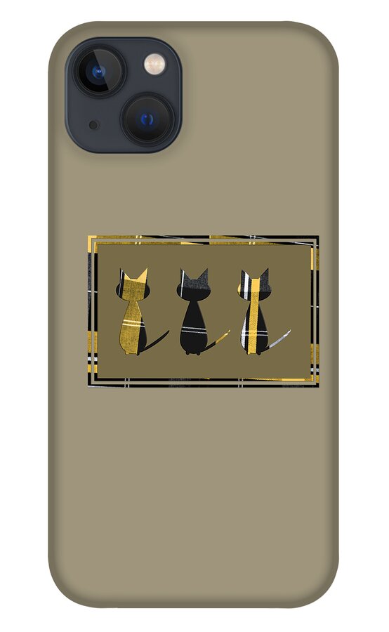 Cats iPhone 13 Case featuring the digital art Cute Cats in Black and Yellow Tartan by Barefoot Bodeez Art