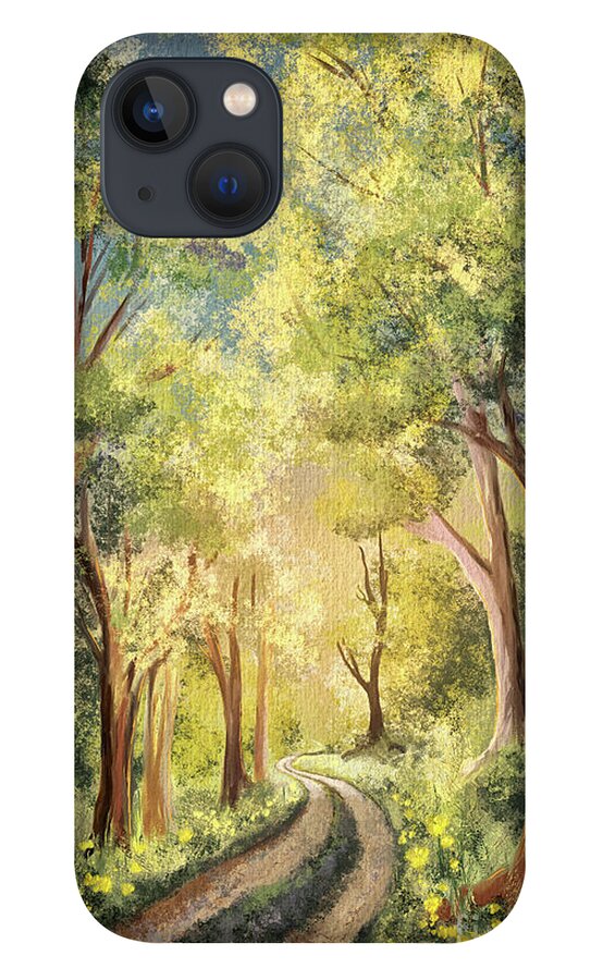 Road iPhone 13 Case featuring the digital art Country Lane Under Blue Skies by Lois Bryan