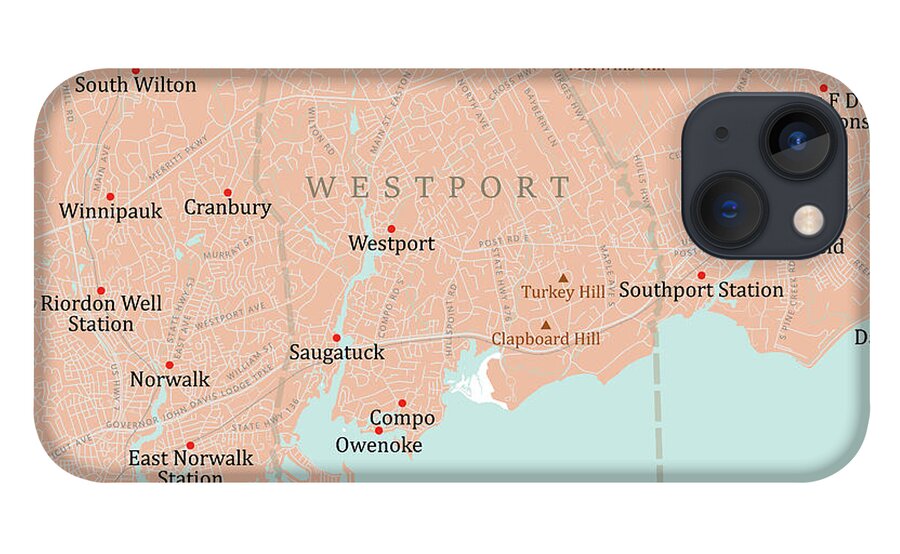 Connecticut iPhone 13 Case featuring the digital art CT Fairfield Westport Vector Road Map by Frank Ramspott