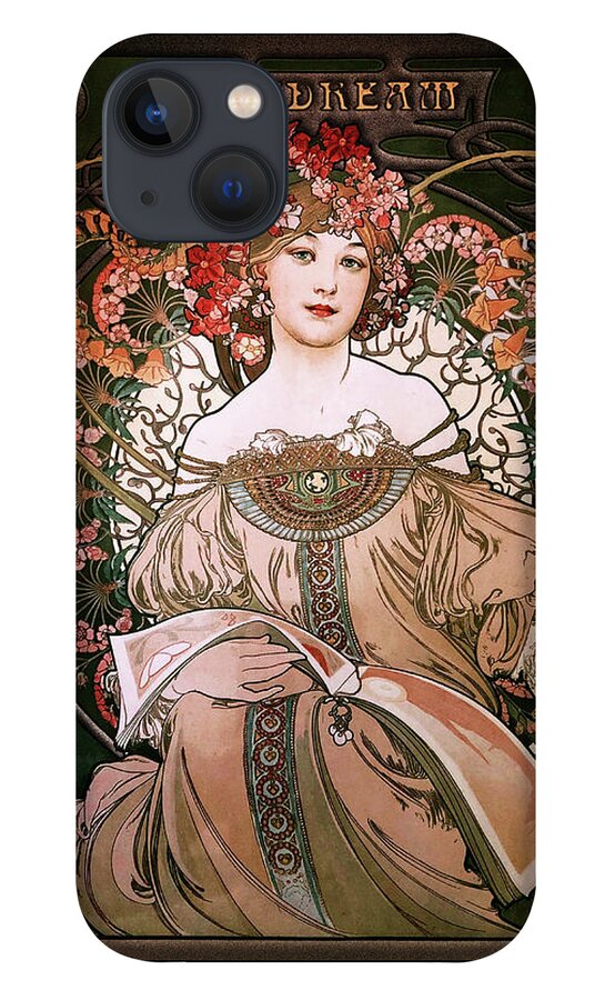 Daydream iPhone 13 Case featuring the painting Daydream by Alphonse Mucha Black Background by Rolando Burbon