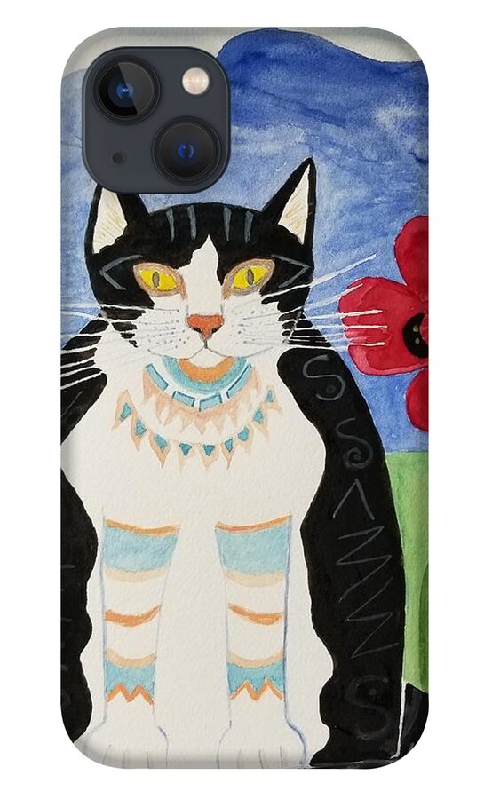 Watercolor iPhone 13 Case featuring the painting Diwali Tux Cat by Vera Smith