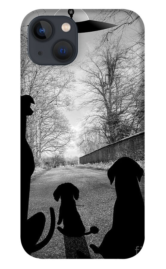 Dogs iPhone 13 Case featuring the digital art Dogs Spy Alien in Flying Saucer by Donna Mibus