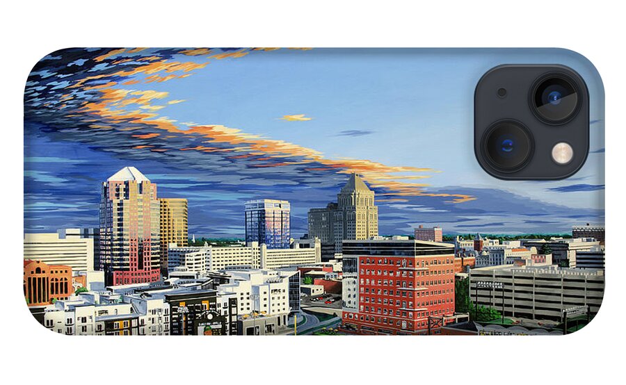 Cityscape iPhone 13 Case featuring the painting Downtown Greensboro NC by John Gibbs