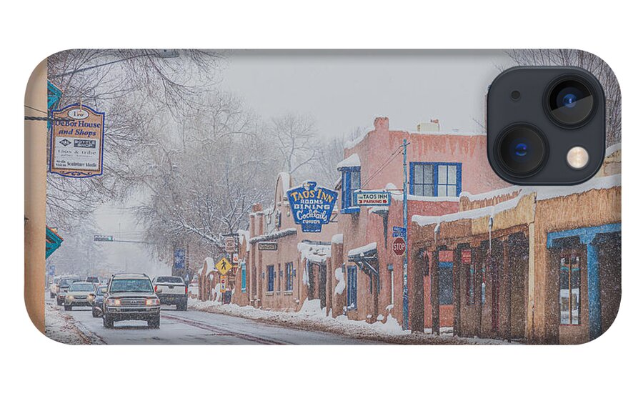 Taos iPhone 13 Case featuring the photograph Downtown Taos while snowing by Elijah Rael