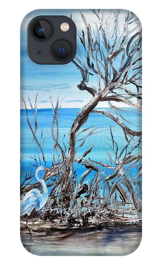 Egret iPhone 13 Case featuring the painting Driftwood Landing by Linda Cabrera