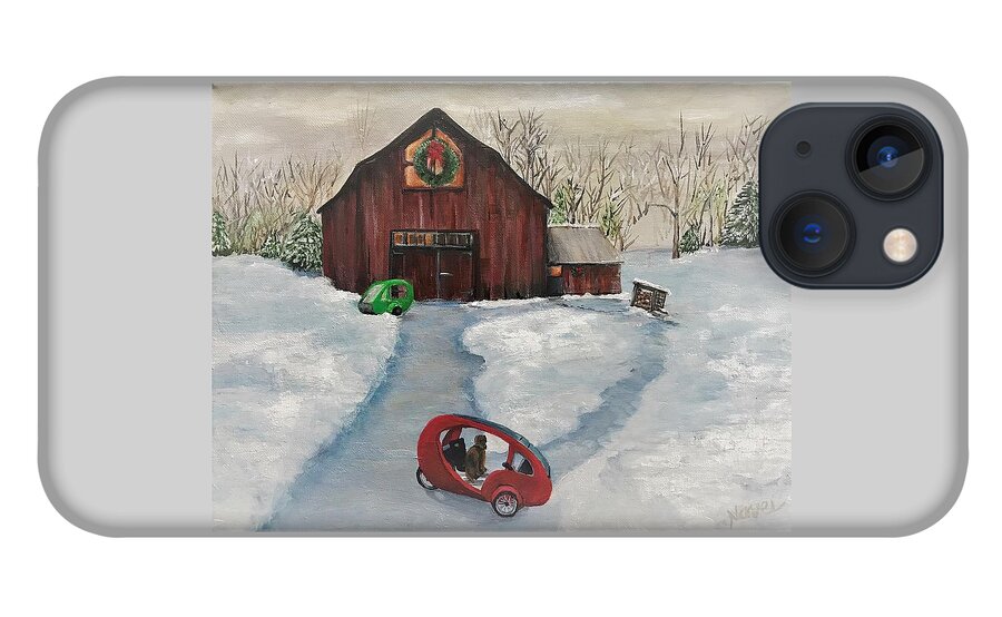 Snow Scene iPhone 13 Case featuring the painting ELF Holiday Scene 2021 by Deborah Naves