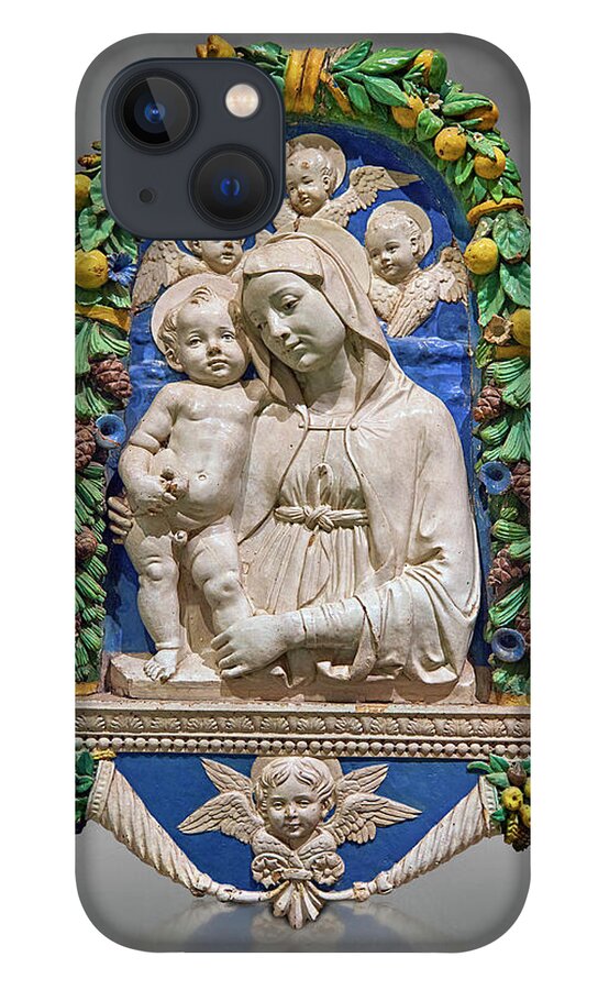 Enamelled Terracotta Relief Panel iPhone 13 Case featuring the relief Enamelled terracotta relief of the Virgin and Child by Andrea della Robbia 1435 by Paul E Williams