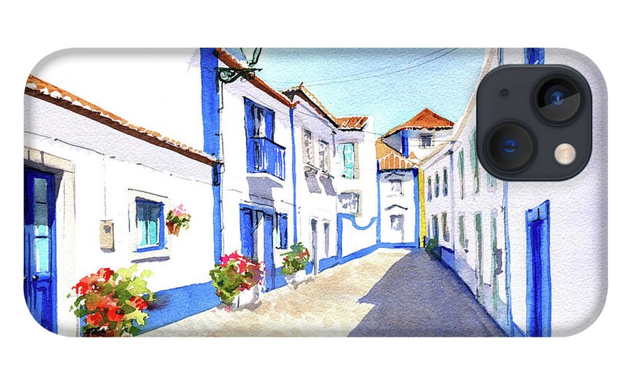 Ericeira iPhone 13 Case featuring the painting Ericeira Old Town Street Painting by Dora Hathazi Mendes