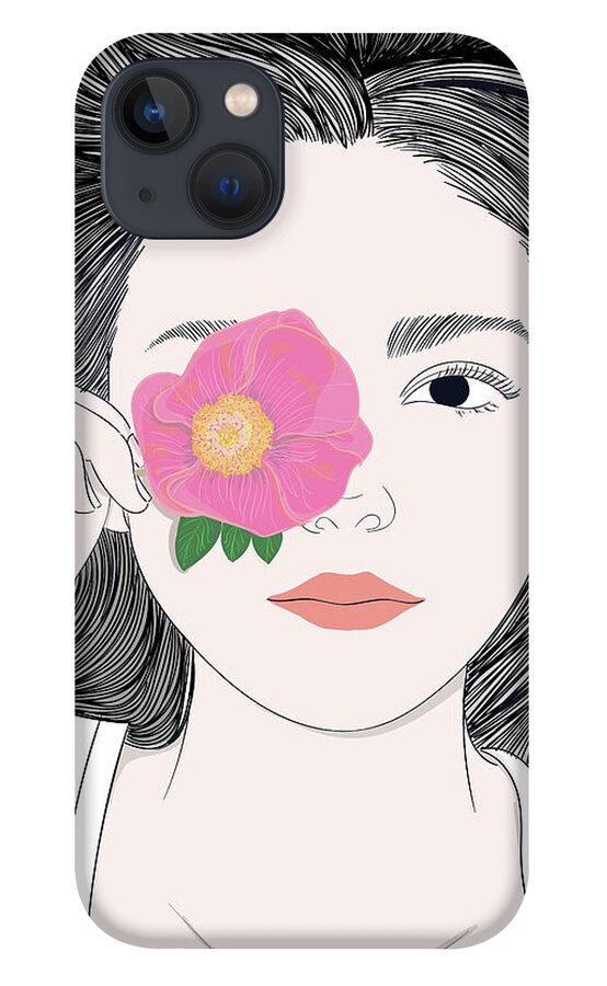Graphic iPhone 13 Case featuring the digital art Fashion Girl With Long Hair And A Flower - Line Art Graphic Illustration Artwork by Sambel Pedes