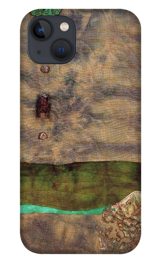 Fiber Art iPhone 13 Case featuring the mixed media Fish and Game 2 by Vivian Aumond