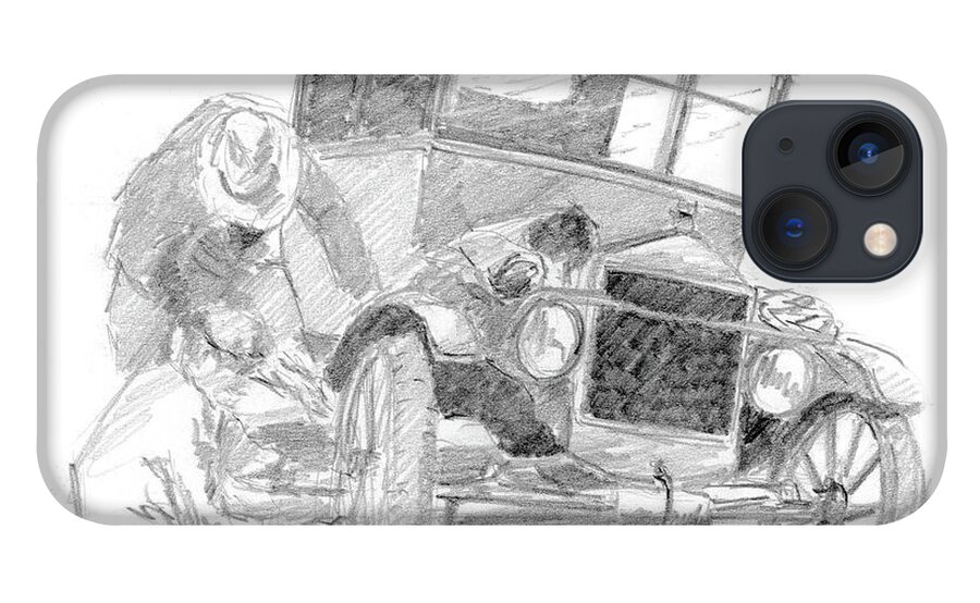 Model T Ford iPhone 13 Case featuring the drawing Fixing the T by David King Studio