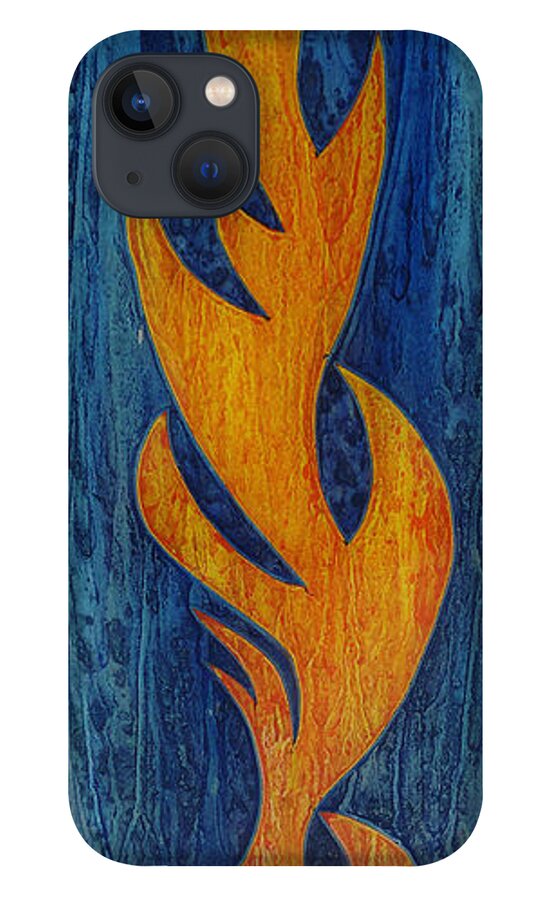 Glass iPhone 13 Case featuring the glass art Flame on Blue by Christopher Schranck