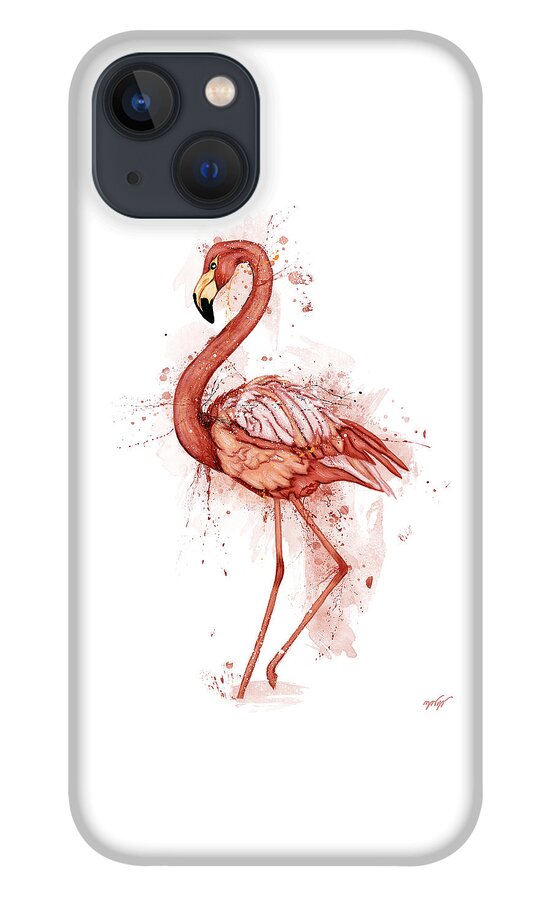Flamingo iPhone 13 Case featuring the painting Flamingo watercolor on white background, Flamingo by Nadia CHEVREL