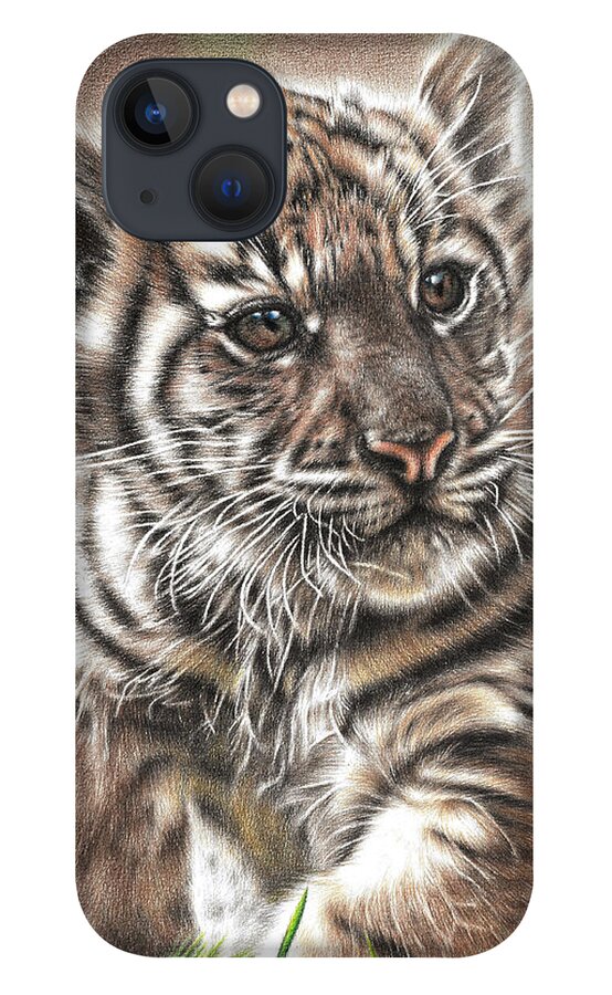 Tiger iPhone 13 Case featuring the drawing Fluffy Tiger Cub by Casey 'Remrov' Vormer