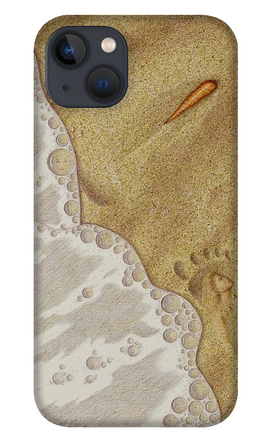 Kim Mcclinton iPhone 13 Case featuring the painting Washed Away- Footprints, Foam, and Fate by Kim McClinton