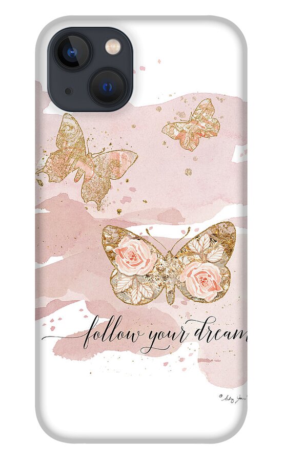 Blush Pink Gold Butterfly iPhone 13 Case featuring the painting Free Spirit Butterflies Follow Your Dreams Blush Peach Rose Gold by Audrey Jeanne Roberts