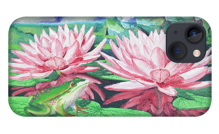 Frog iPhone 13 Case featuring the painting Frog with Waterlilies by Michael Goguen
