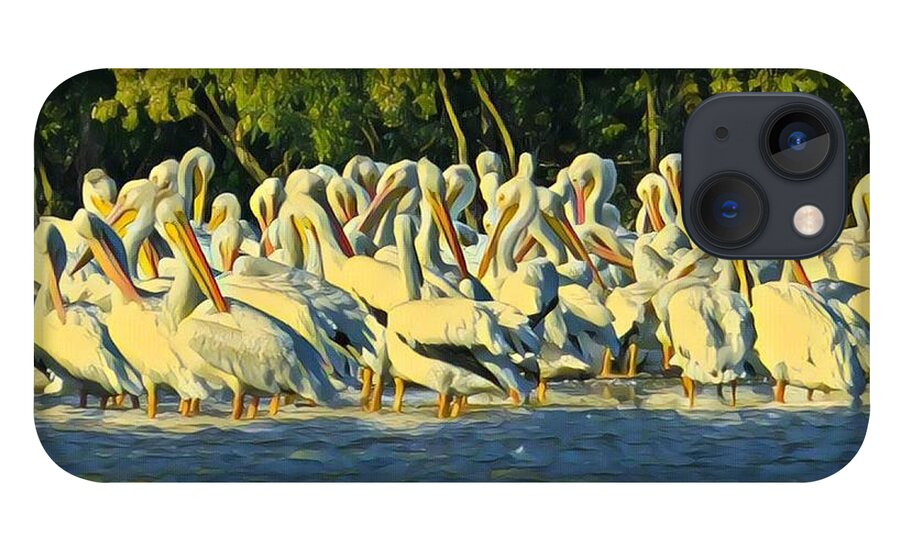 Pelican iPhone 13 Case featuring the painting Gathering of Pelicans by Marilyn Smith