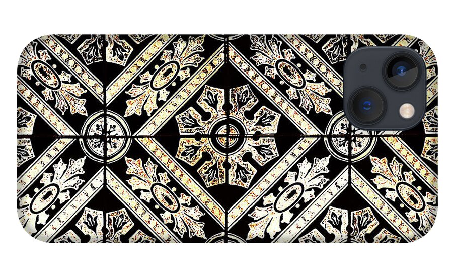 Gold Tiles iPhone 13 Case featuring the digital art Gold On Black Tiles Mosaic Design Decorative Art V by Irina Sztukowski