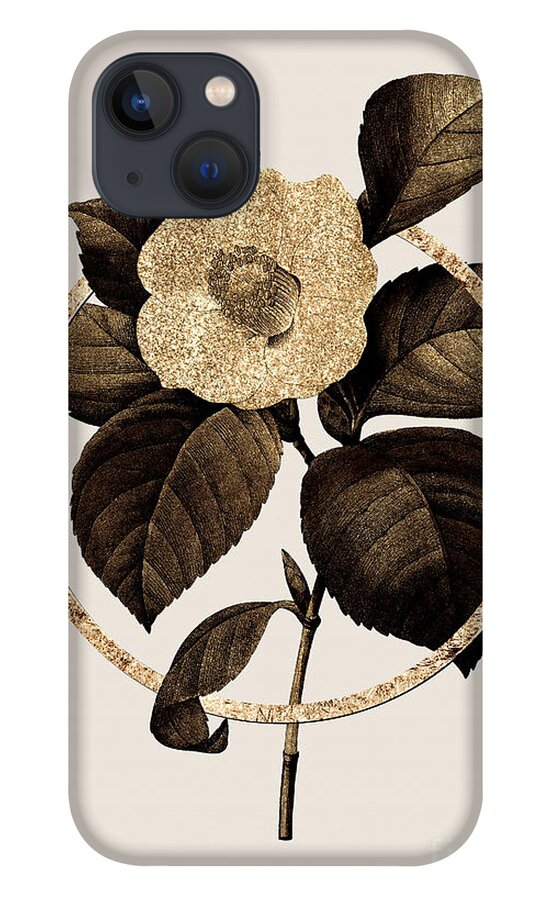 Vintage iPhone 13 Case featuring the painting Gold Ring Japanese Camelia Botanical Illustration Black and Gold n.0391 by Holy Rock Design