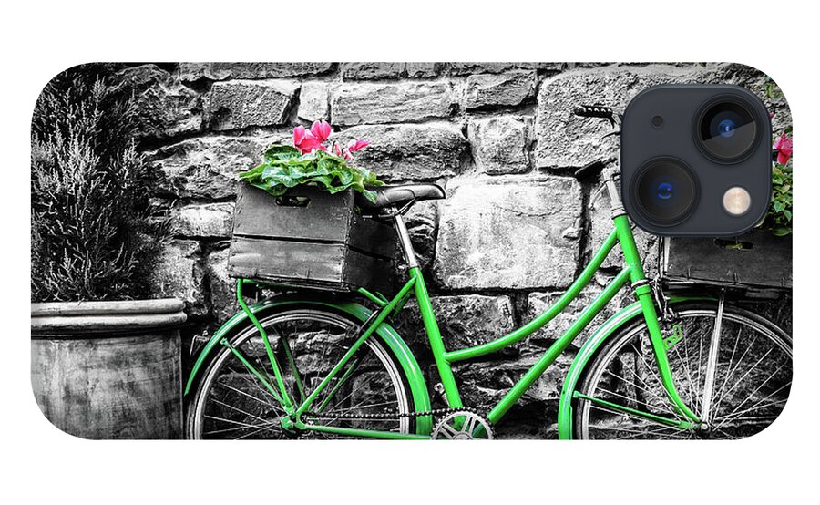 Europe iPhone 13 Case featuring the photograph Green bicycle with flowers by Alexey Stiop