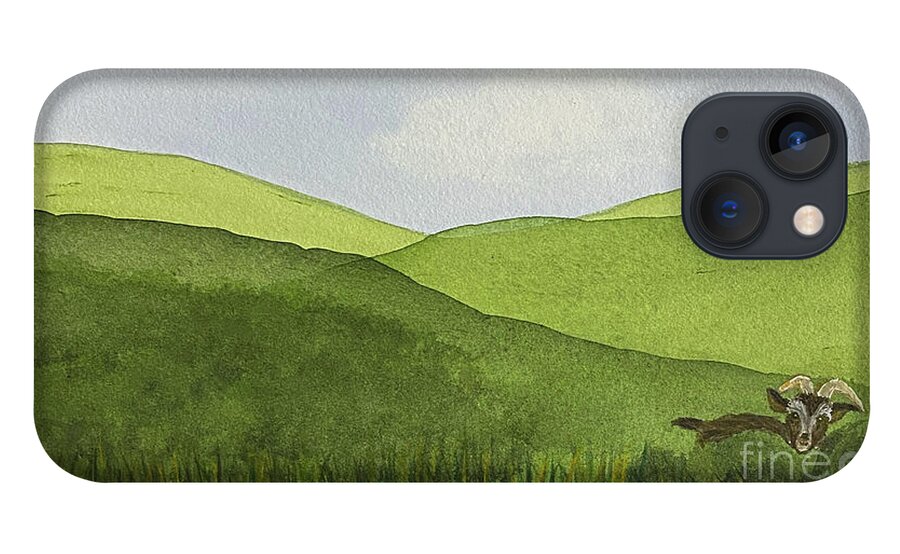 Green Hills iPhone 13 Case featuring the painting Green Hills and a Goat by Lisa Neuman