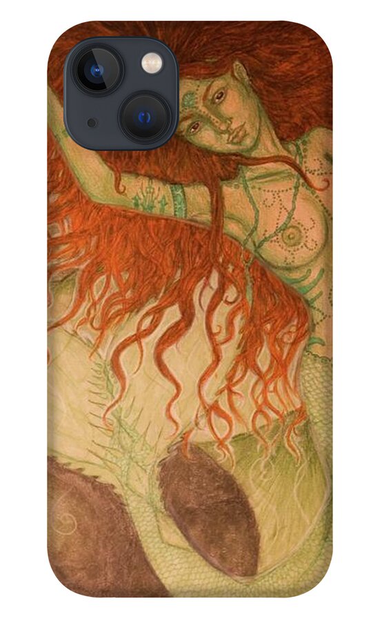 Mermaid iPhone 13 Case featuring the drawing Green Moss Kingdom by Baruska A Michalcikova