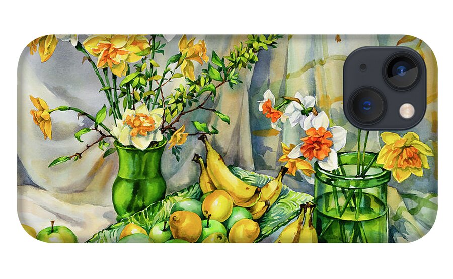 Green iPhone 13 Case featuring the painting Green Yellow Still Life with Daffodils by Maria Rabinky