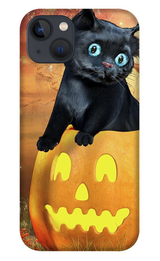 Black Cat iPhone 13 Case featuring the digital art Halloween Black Kitten and Pumpkin by Alicia Hollinger