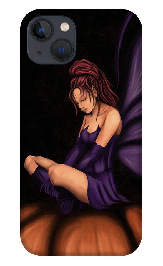 Fantasy iPhone 13 Case featuring the painting Halloween fairy with bat wings, purple fairy by Nadia CHEVREL