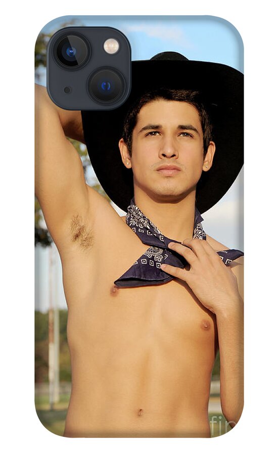 Body iPhone 13 Case featuring the photograph Handsome hispanic cowboy is wearing a black cowboy hat by Gunther Allen