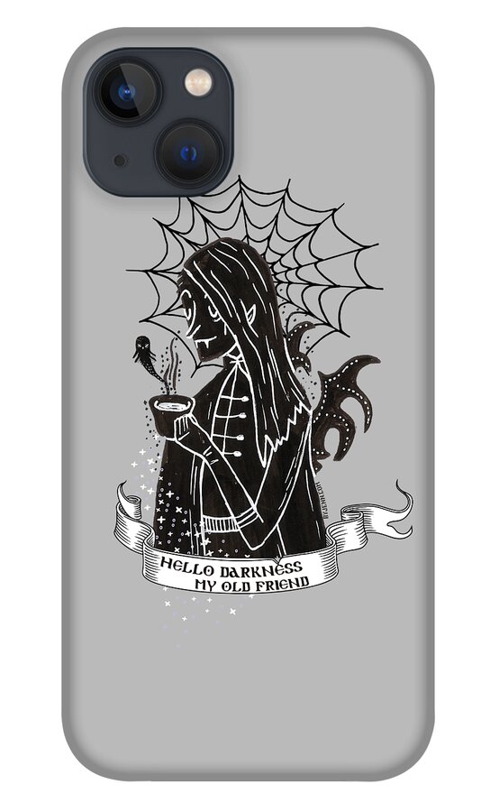 Something Wicked This Way Comes iPhone 13 Case featuring the digital art Hello Darkness My Old Friend Vamp Goth with Ghost and Coffee by Jennifer Preston