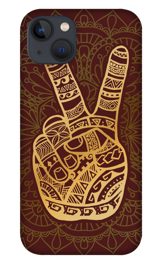 Hippie iPhone 13 Case featuring the digital art Hippie Boho Golden Peace Sign Mandala by Laura Ostrowski