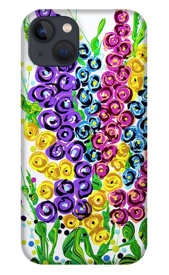 Abstract Flower Painting iPhone 13 Case featuring the painting Hollyhocks Blast by Jane Crabtree