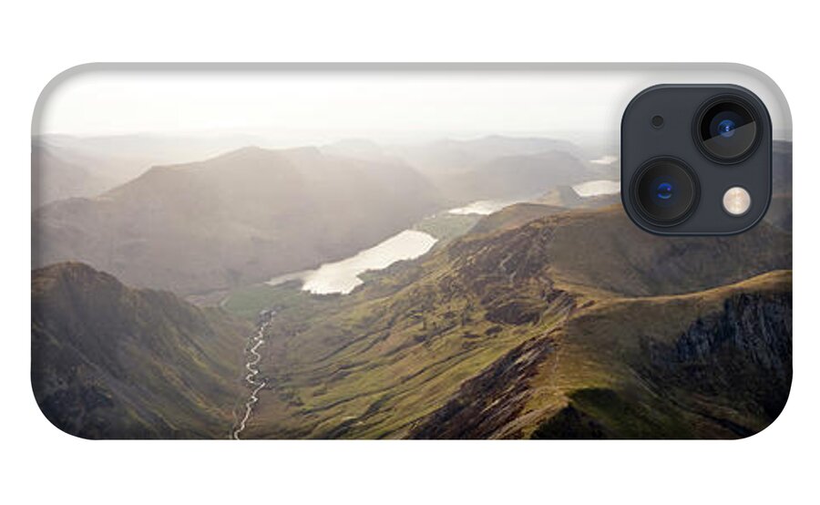 Panorama iPhone 13 Case featuring the photograph Honistor Pass and Buttermere Valley Aerial Lake District by Sonny Ryse