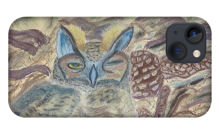 Horned Owl iPhone 13 Case featuring the pastel Horned Owl Nesting by Suzanne Berthier