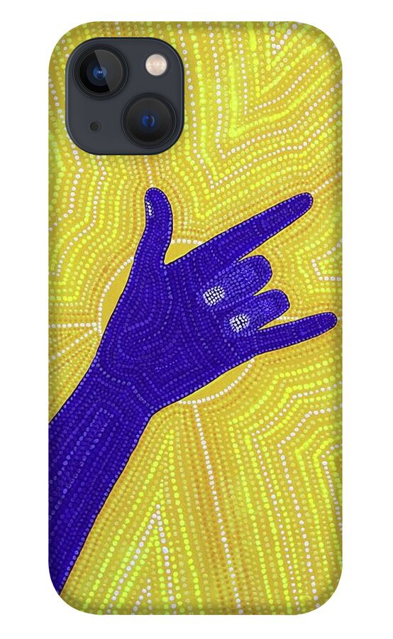 Collaboration iPhone 13 Case featuring the painting I Love You - Asl - Royal Purple And Gold by M E