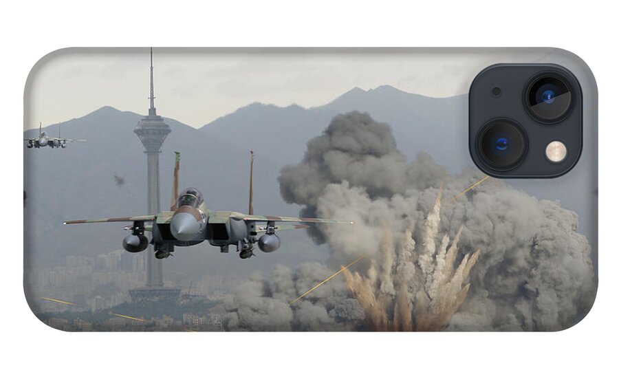 Eagle iPhone 13 Case featuring the digital art IAF F-15Is Retaliate over Tehran by Custom Aviation Art