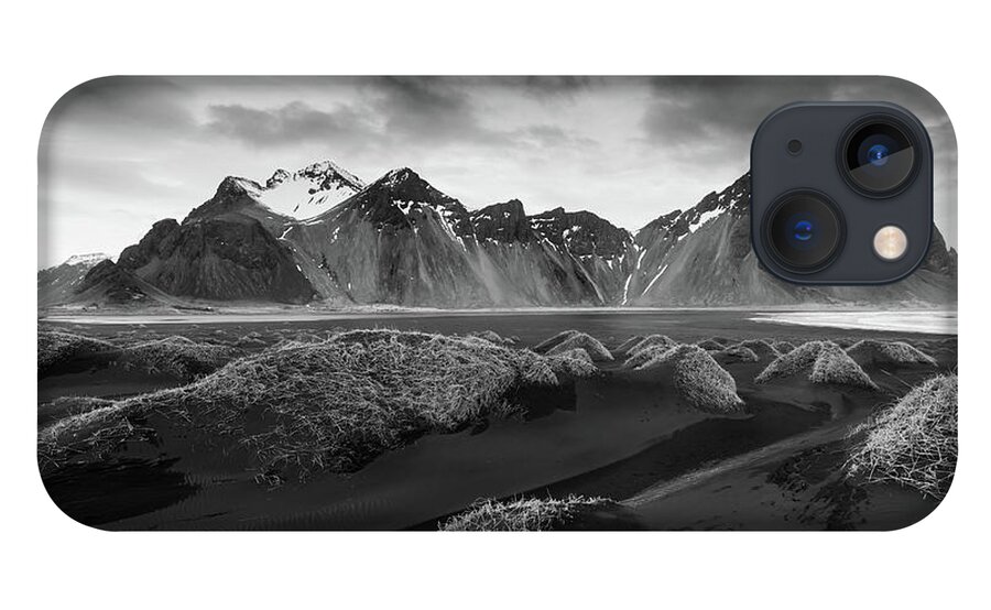 Iceland iPhone 13 Case featuring the photograph Black and White Icelandic mountain landscape, Vestrahorn black mountains Iceland by Michalakis Ppalis