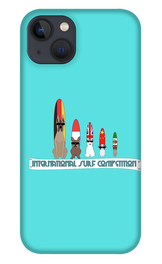 Surf iPhone 13 Case featuring the digital art Funny International Surf Dog Competition by Barefoot Bodeez Art