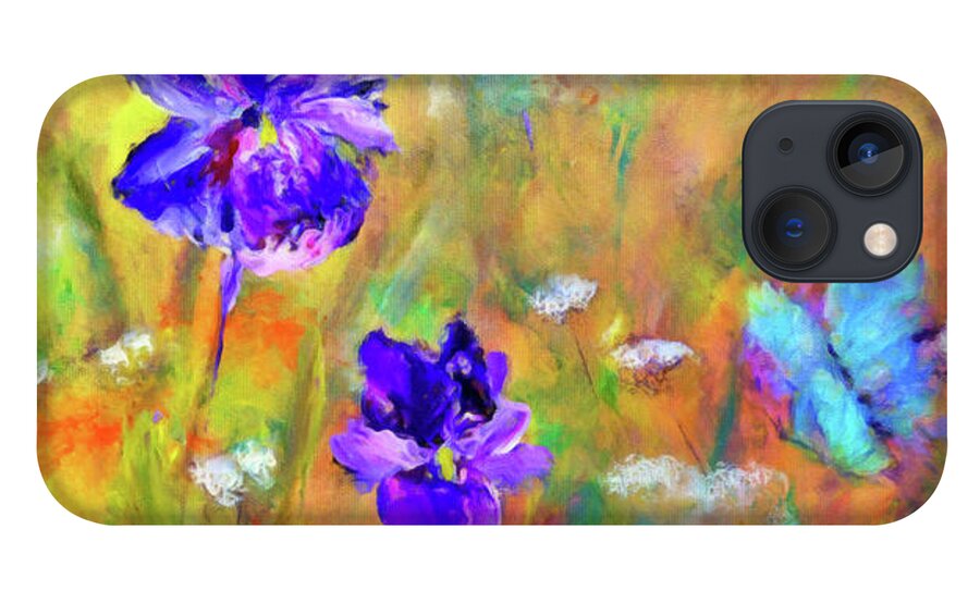 Flowers iPhone 13 Case featuring the painting Iris Wildflowers and Butterfly by Claire Bull